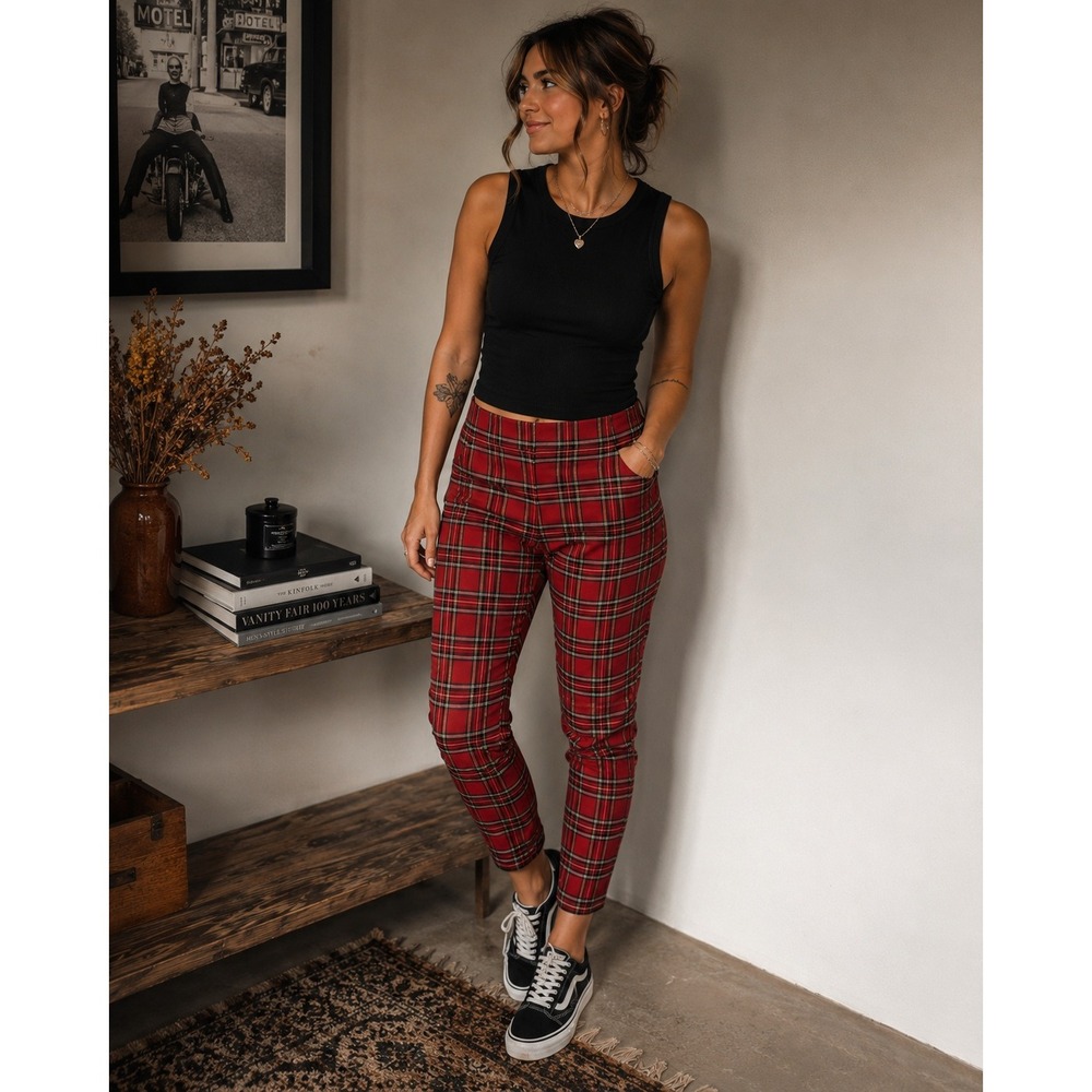 Body By US Red Plaid Pants Womens Large Tapered Leg Elastic Waist Tartan Stretch